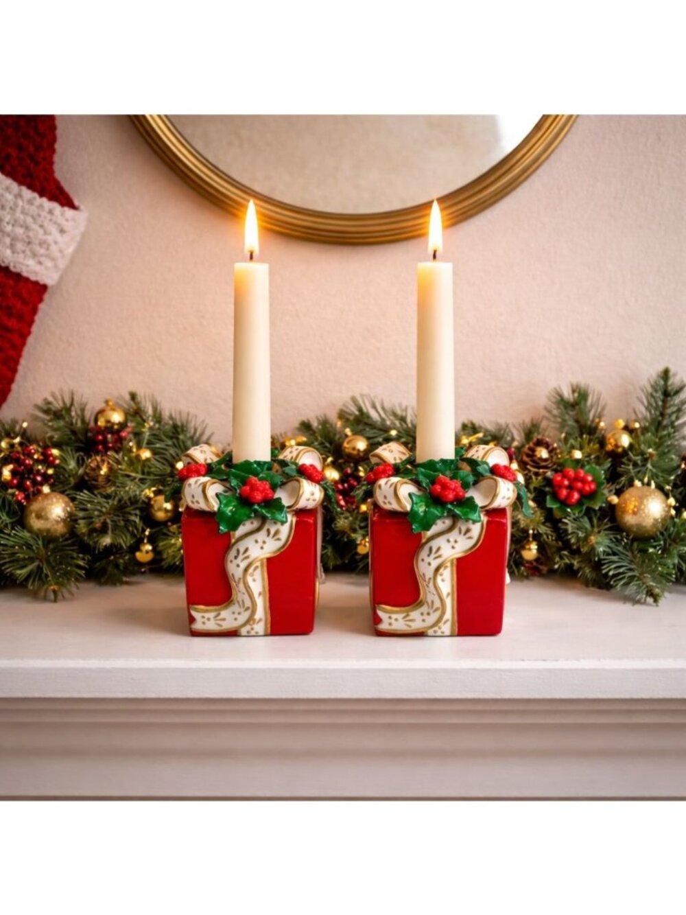 Christmas Gift Box Candle Holders Set Vtg Avon Holly Bow Red Holiday Decor